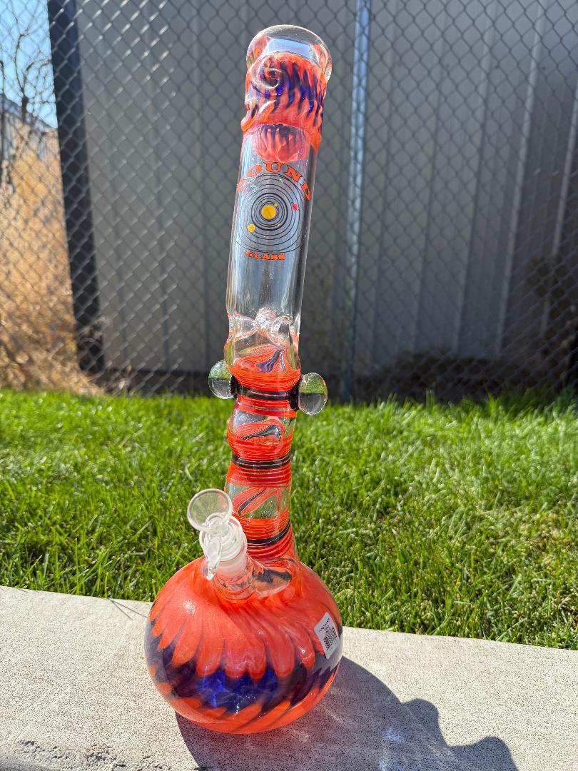 Round Glass Orange And Blue Spiked Bubble beaker 14mm 45° with vibrant colors and unique texture.