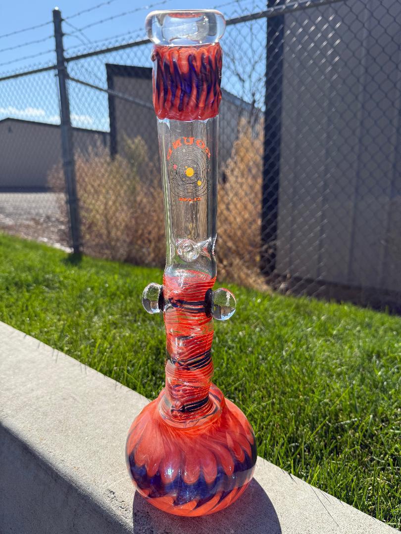 Round Glass Orange And Blue Spiked Bubble beaker 14mm 45° with unique texture and vibrant colors.