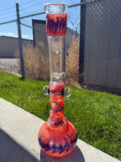 Round Glass Orange And Blue Spiked Bubble beaker 14mm 45° with unique texture and vibrant colors.