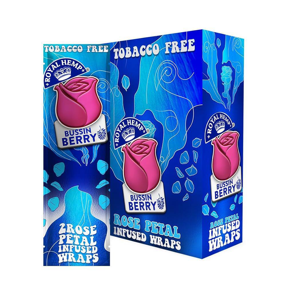 Royal Blunts Blunts N Roses Infused Wraps packaging featuring rose petal infused hemp wraps with a vibrant design.