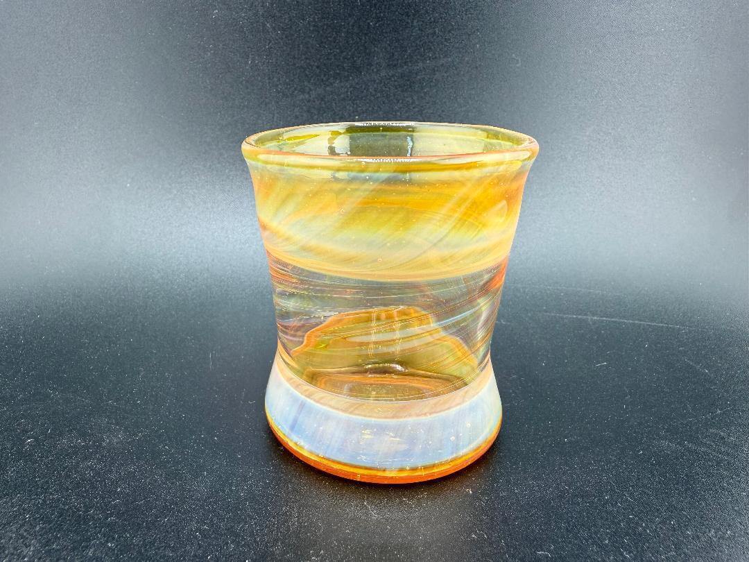 Royals Glass Gold Fumed Q Tip Jar featuring swirling gold and orange hues, handcrafted in Spokane, WA.