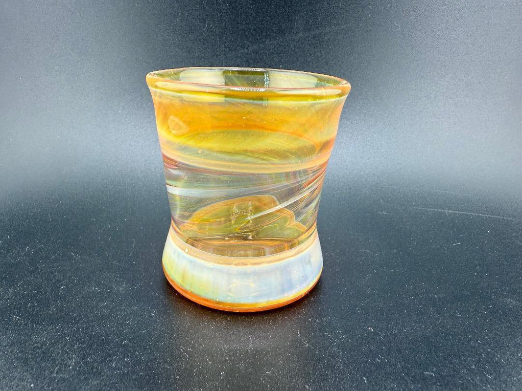 Handcrafted Royals Glass Gold Fumed Q Tip Jar with stunning color shifting details, perfect for elegant storage.