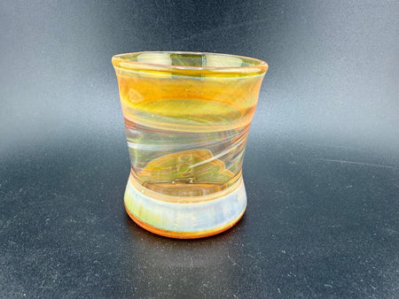 Handcrafted Royals Glass Gold Fumed Q Tip Jar with stunning color shifting details, perfect for elegant storage.
