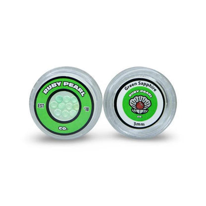 Ruby Pearl Co Terp Pearls – Ruby & Sapphire 3mm AAA Lab-Grown Gemstones (10-Pack) packaging with green sapphire.