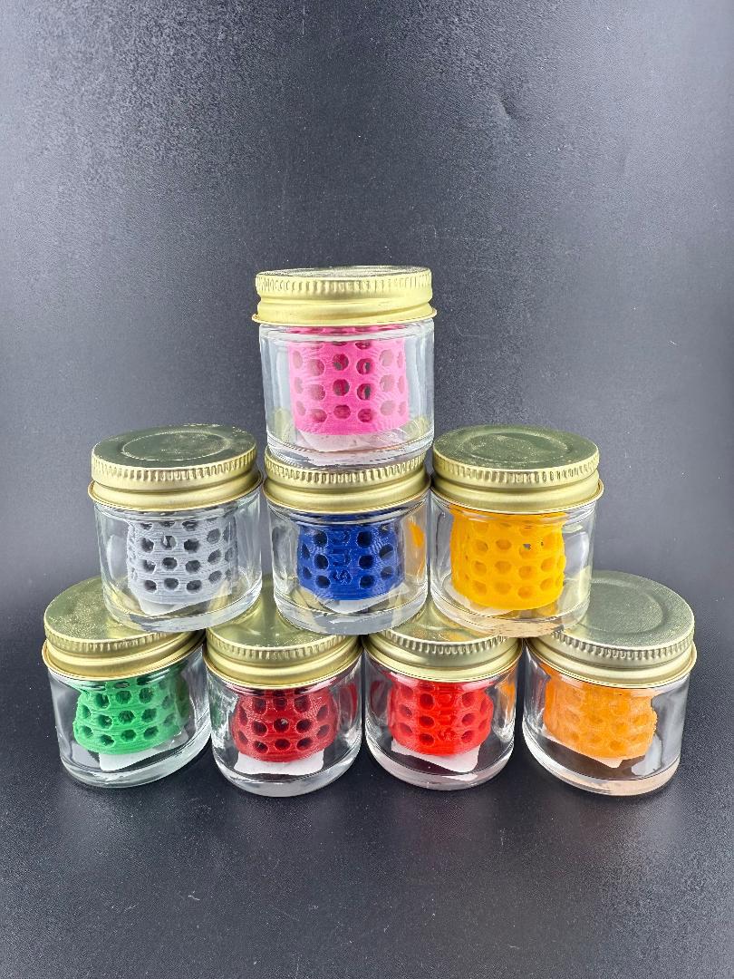 Ruby Pearl Co Pearl Jar Washing Station - Colorful jars stacked for cleaning terp slurpers and pearls.