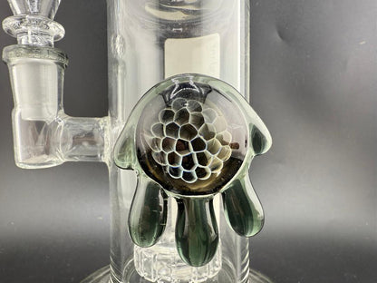 Ruckus 9" Bent Neck Drippy Pendant Rig 14mm 90° showcasing intricate glasswork and design details.