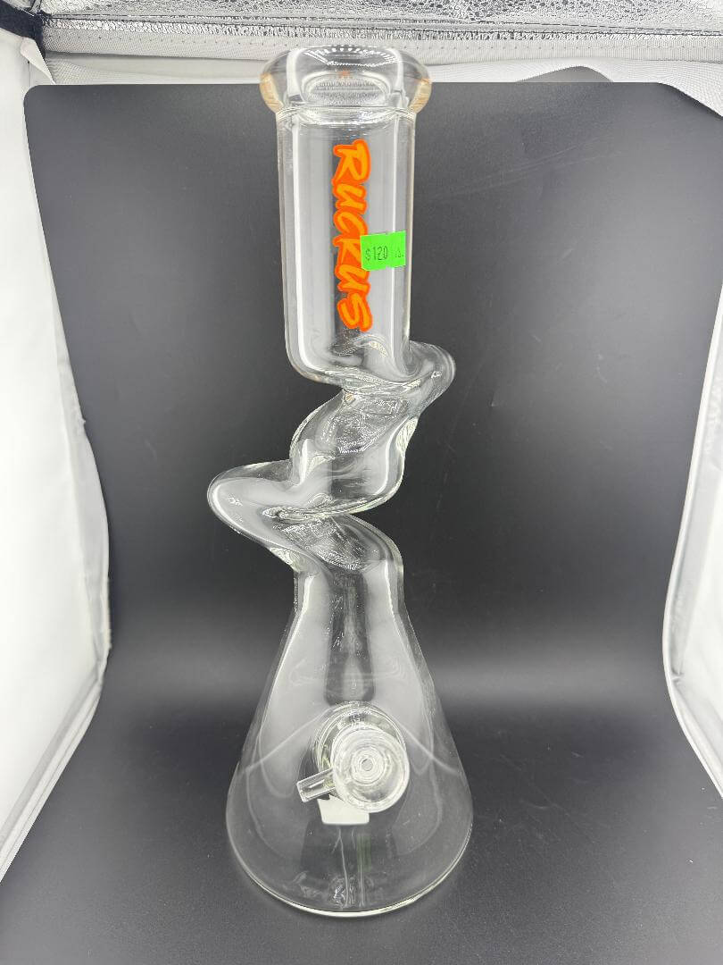 Ruckus Glass 14" Zinger Beaker 14mm 45° showcasing its unique zong design and beaker base.