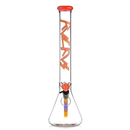 Ruckus Glass 18" Beaker Slayer Series Flower Piece showcases vibrant orange and yellow accents, perfect for powerful sessions.