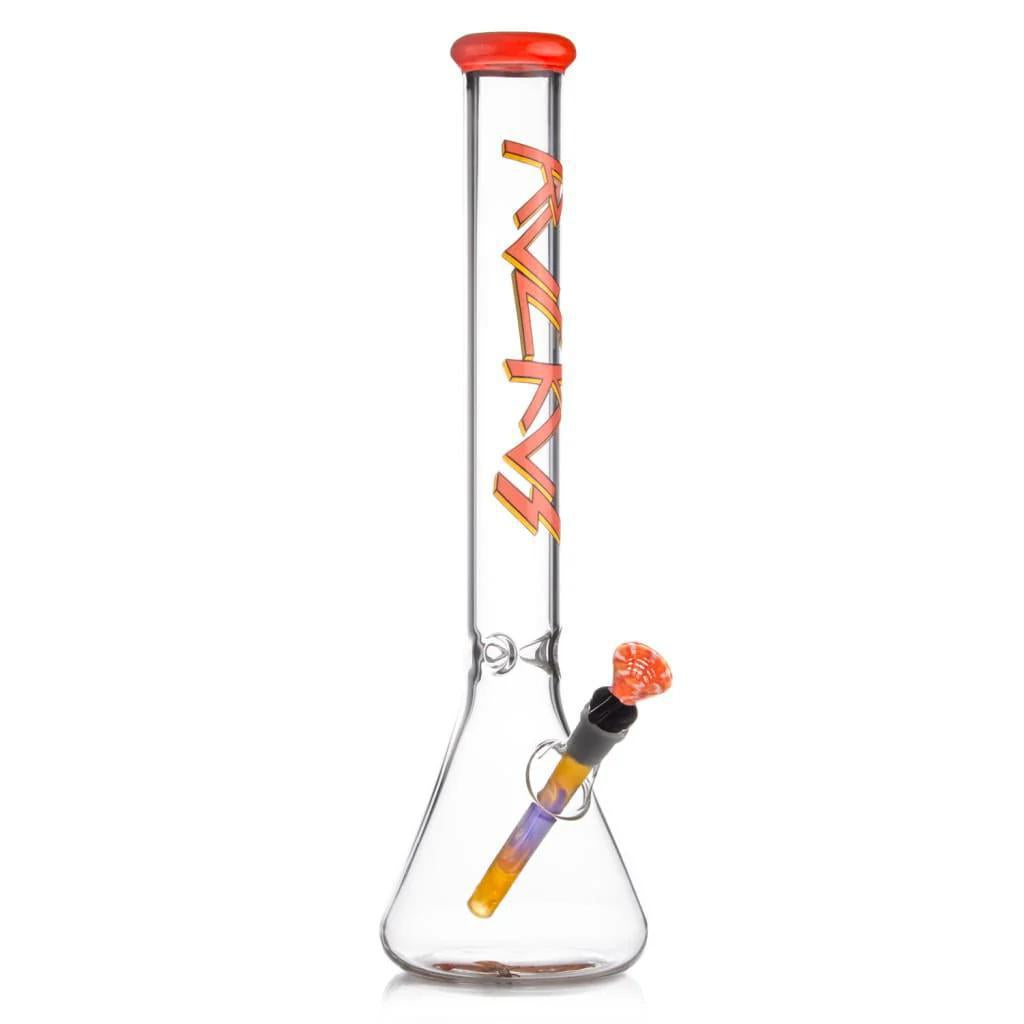 Ruckus Glass 18" Beaker Slayer Series Flower Piece featuring vibrant orange and yellow accents.