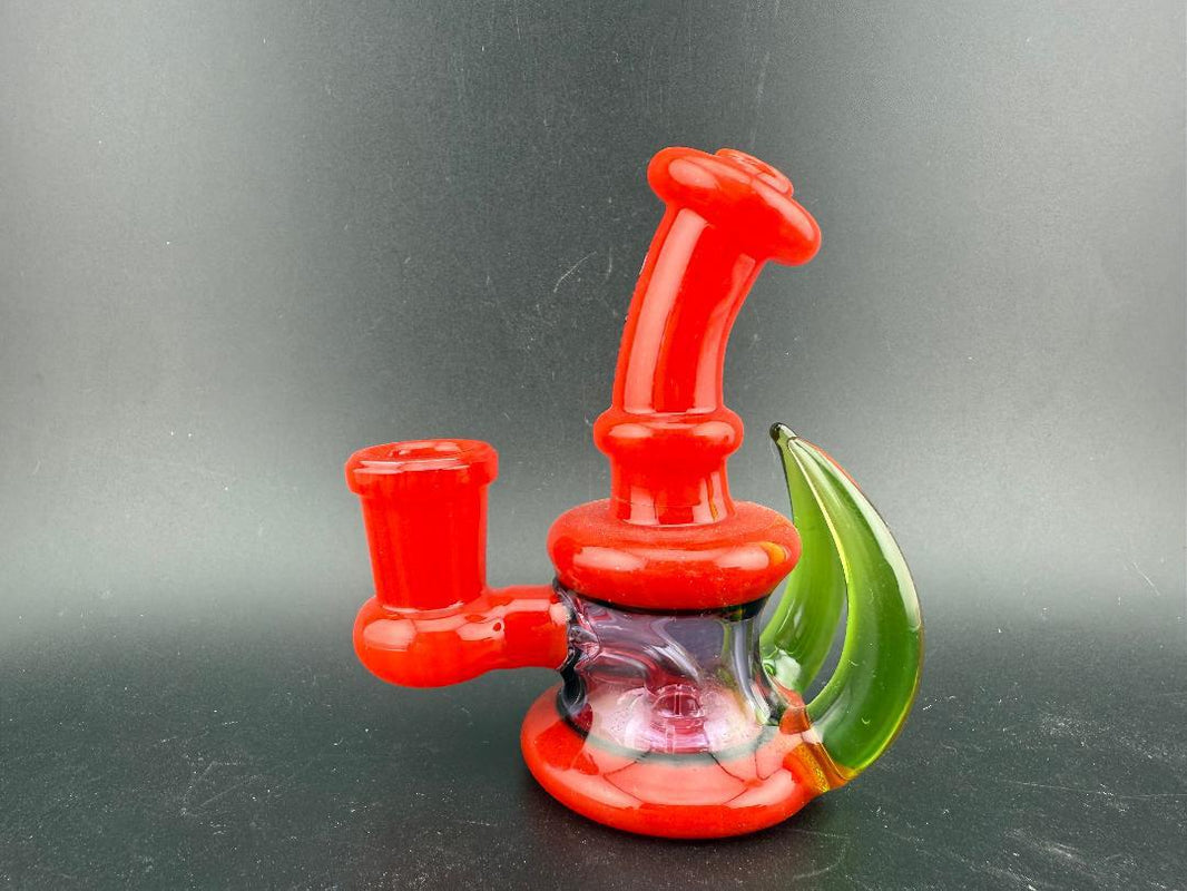 Ruckus Glass 4" Double Horn Micro Rig 14mm 90° in red color with unique design for flavorful dabs.