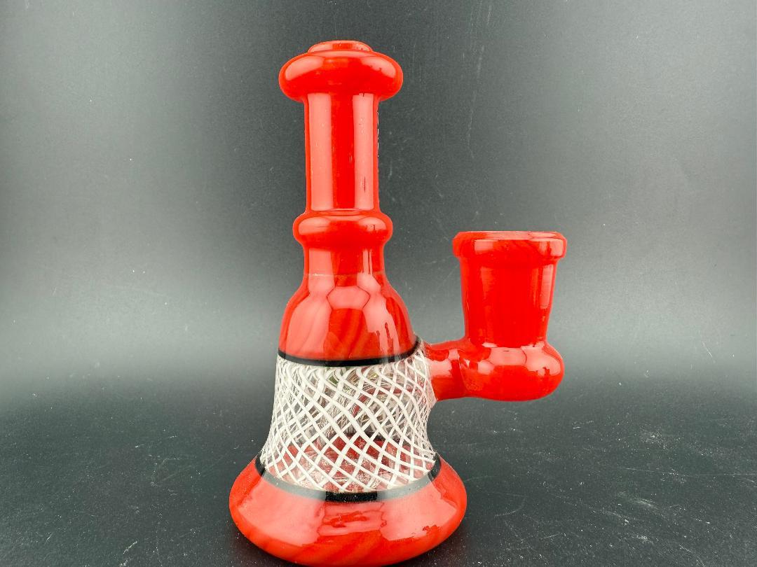 Ruckus Glass 4" Double Horn Micro Rig 14mm 90° in red color with unique design and compact size.