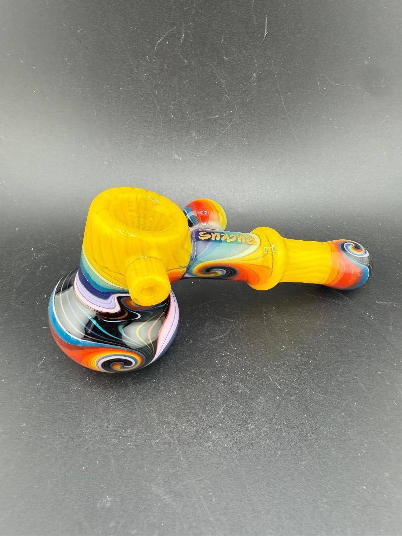 Ruckus Glass Bubbler - 5" Wig Wag in vibrant yellow and multi-color design showcasing wig wag pattern.