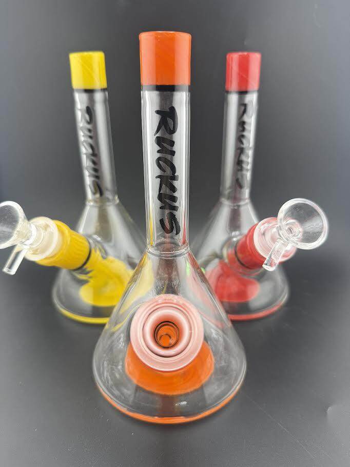 Ruckus Glass 7" Jammer Beaker Rig 14mm 45° in red, yellow, and orange with beaker base for cool hits.