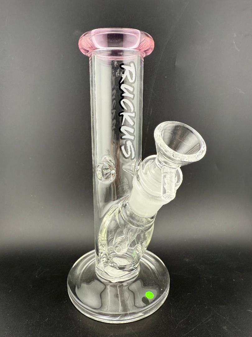 Ruckus Glass 7" Mini Straight Tube 14mm 45° with pink accents, sleek design and removable downstem.