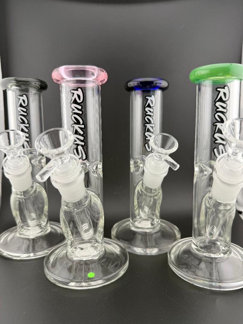 Ruckus Glass 7" Mini Straight Tube 14mm 45° in multiple colors: Blue, Pink, Green, and Smoke.