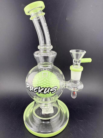 Ruckus Glass 8" Bulb Rig 14mm 90° in green with unique bulb-shaped chamber for smooth hits
