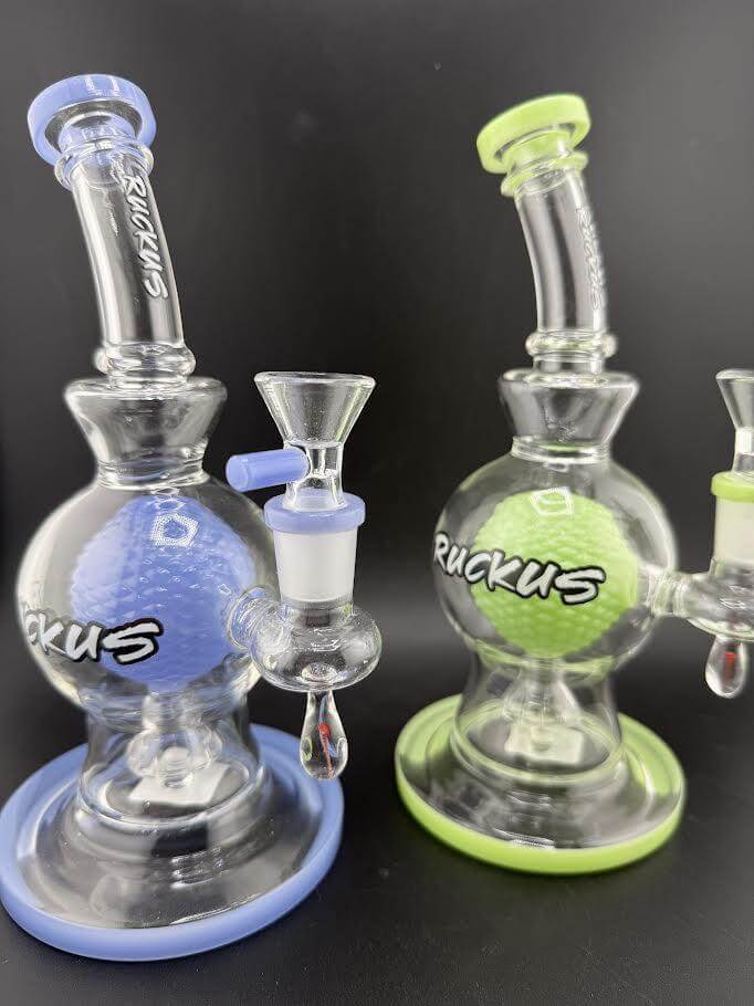 Ruckus Glass 8" Bulb Rig 14mm 90° in blue and green with unique bulb-shaped chambers for optimal airflow.