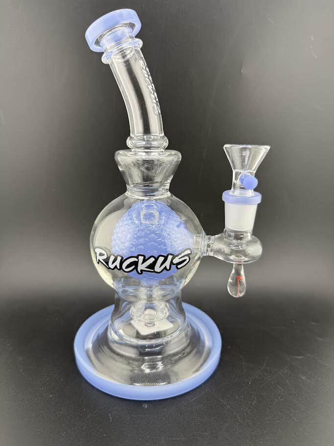 Ruckus Glass 8" Bulb Rig 14mm 90° with blue accents and unique bulb-shaped chamber for optimal airflow.