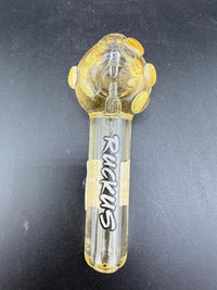Ruckus Glass Hand Pipe - Glyco Freezable displayed in yellow glass with unique design and glycerin chamber.