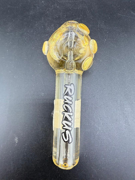 Ruckus Glass Hand Pipe - Glyco Freezable displayed in yellow glass with unique design and glycerin chamber.