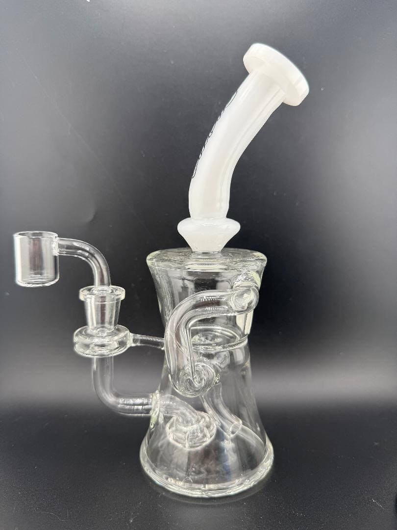 Ruckus Glass Incycler White Neck Colored Bottom 14mm 90° with clear body and white neck.