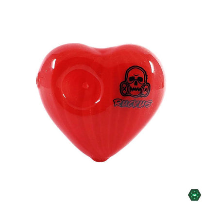 Ruckus Glass Pipe - Heart Shape in vibrant red color with unique design and logo.