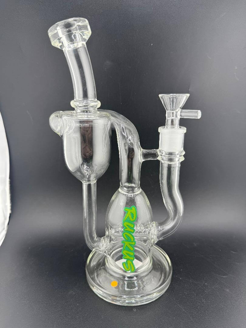 Ruckus Glass Recycler Inline Perc 14mm 90° showcasing clear glass and vibrant Ruckus branding.