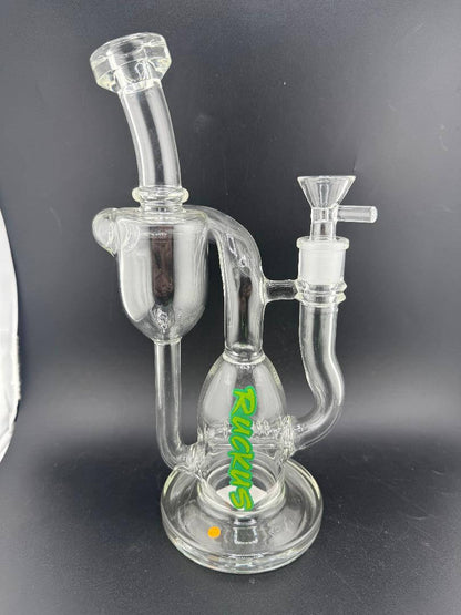 Ruckus Glass Recycler Inline Perc 14mm 90° showcasing clear glass and vibrant Ruckus branding.
