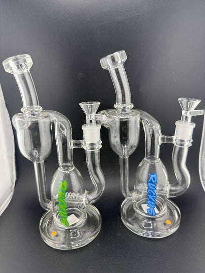 Ruckus Glass Recycler Inline Perc 14mm 90° in blue and green bake-on designs for smooth filtration.
