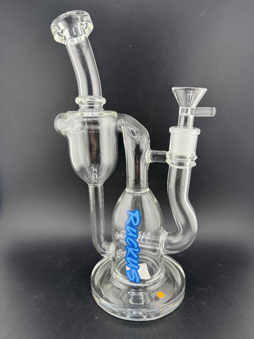 Ruckus Glass Recycler Inline Perc 14mm 90° featuring stylish design with blue accents and unique recycler inline perc.