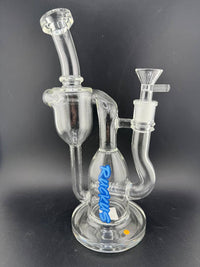 Ruckus Glass Recycler Inline Perc 14mm 90° featuring stylish design with blue accents and unique recycler inline perc.