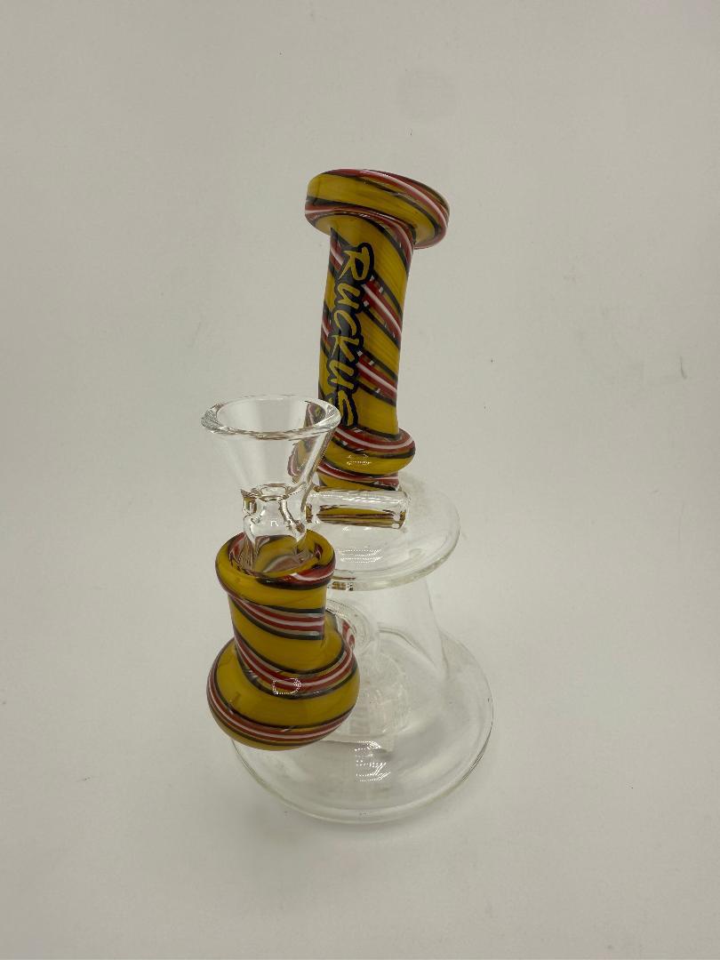 Ruckus Glass Swirl Bent Neck Banger Hanger Rig 14mm 90° with colorful swirl design for premium concentrate sessions.