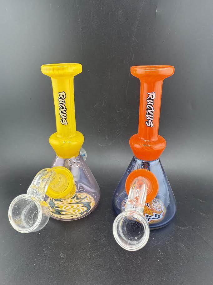 Ruckus Glass Two Tone Wig Wag Tube 14mm 45° in Yellow and Orange showcasing vibrant design and functionality.