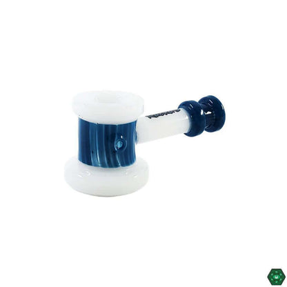 Ruckus Glass Worked Hammer Pipe in blue and white, featuring durable borosilicate glass and stylish design.