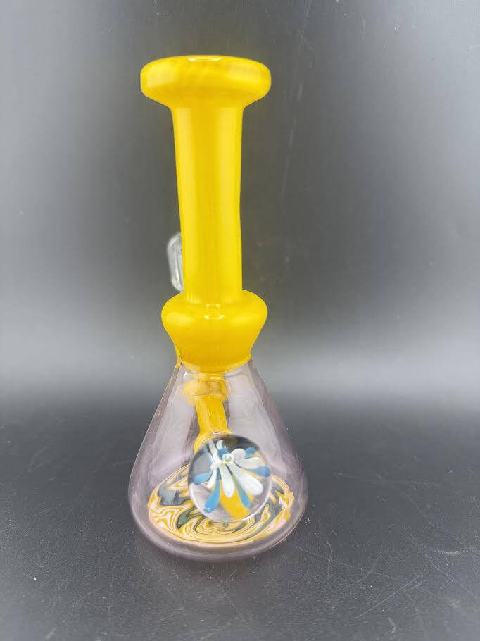 Ruckus Glass Two Tone Wig Wag Tube 14mm 45° in vibrant yellow and pink with unique design details.