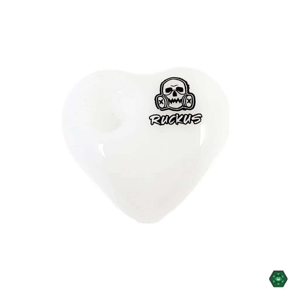 Ruckus Glass Pipe - Heart Shape in white color with a skull logo for a unique flair.
