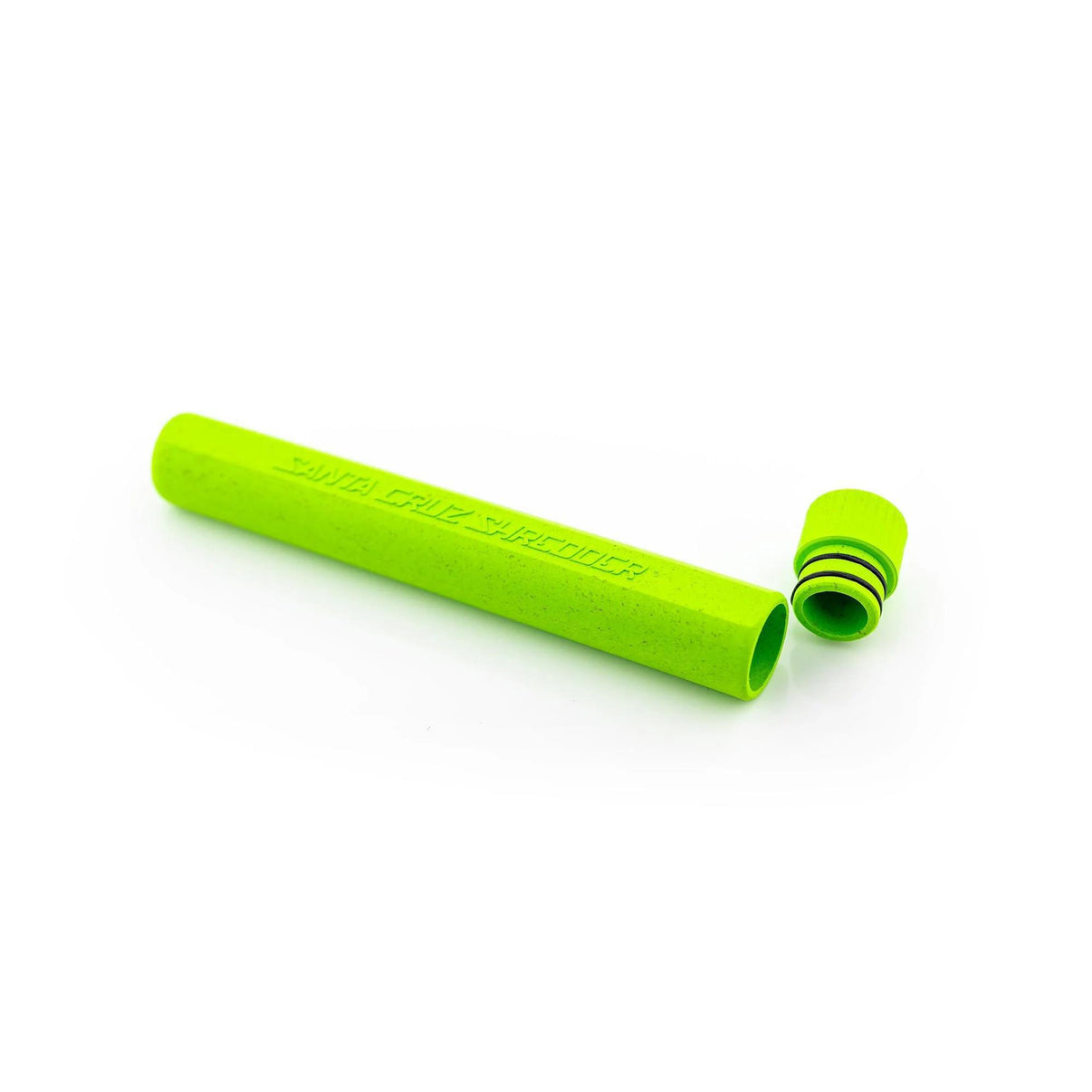 Santa Cruz Shredder J Tube Holder in vibrant green with cap, eco-friendly and durable for secure storage.