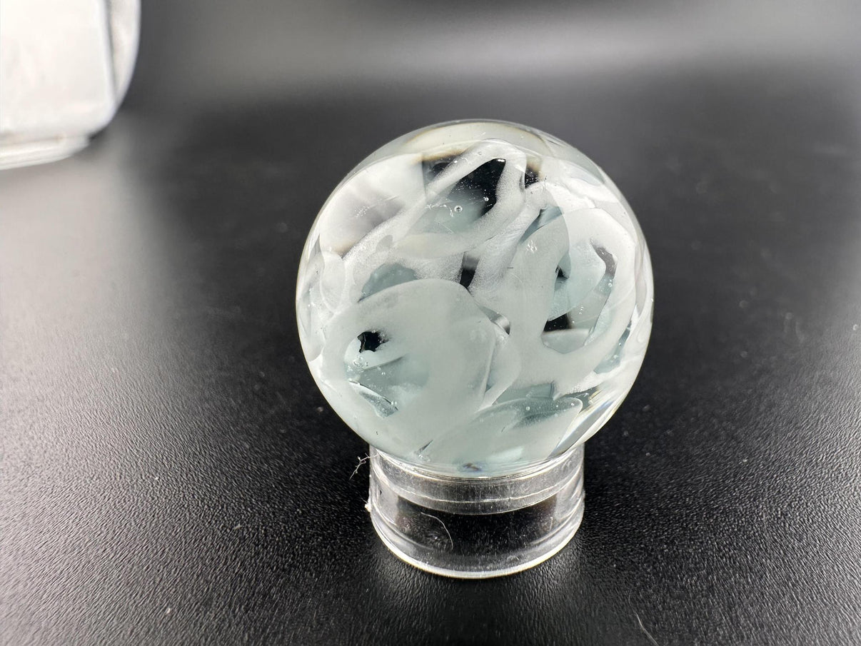 SBJ Glass Marble - Simple White Wisp .75" showcasing delicate white wisps in handcrafted borosilicate glass.