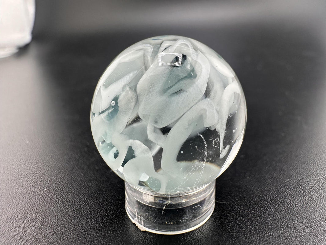 SBJ Glass Marble - Simple White Wisp .75" showcasing delicate white wisps in clear borosilicate glass.
