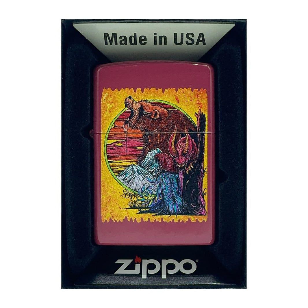 Zippo Lighter x Sean Dietrich Art featuring vibrant artwork of a bear and a scenic background.
