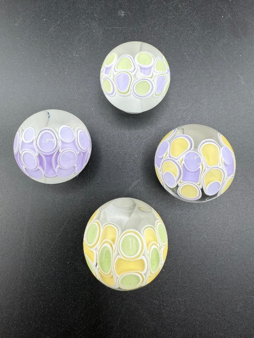 Silacious Boro Jockey (SBJ) Glass Marble Fancy Dot Stack Over Clear Approx. 1" in colorful designs.