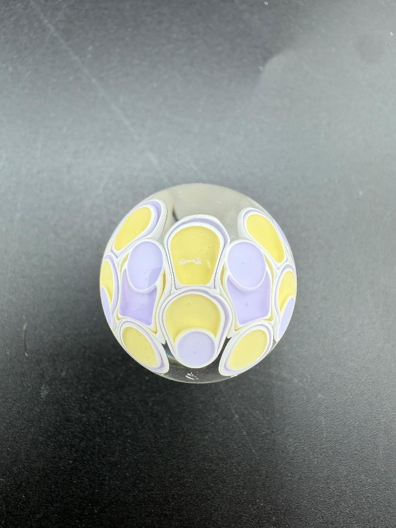 Silacious Boro Jockey (SBJ) Glass Marble Fancy Dot Stack Over Clear Approx. 1" with colorful dot design.