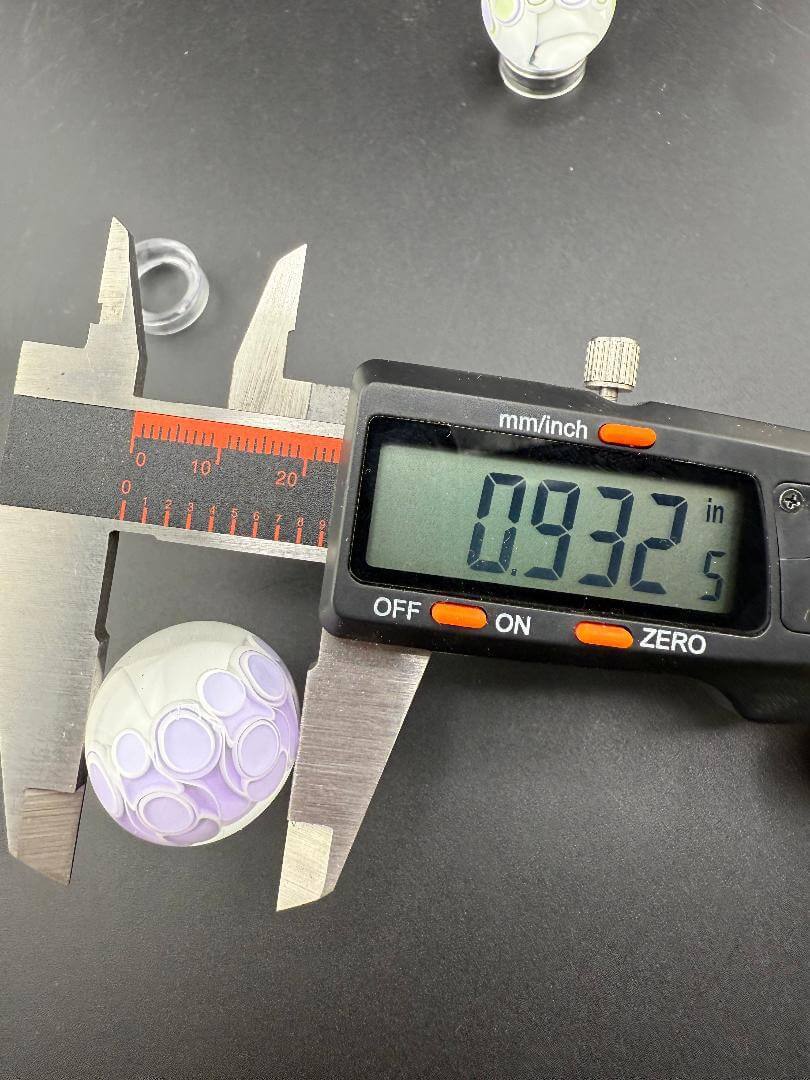 Silacious Boro Jockey (SBJ) Glass Marble Fancy Dot Stack Over Clear Approx. 1" being measured with calipers at 0.932 in.