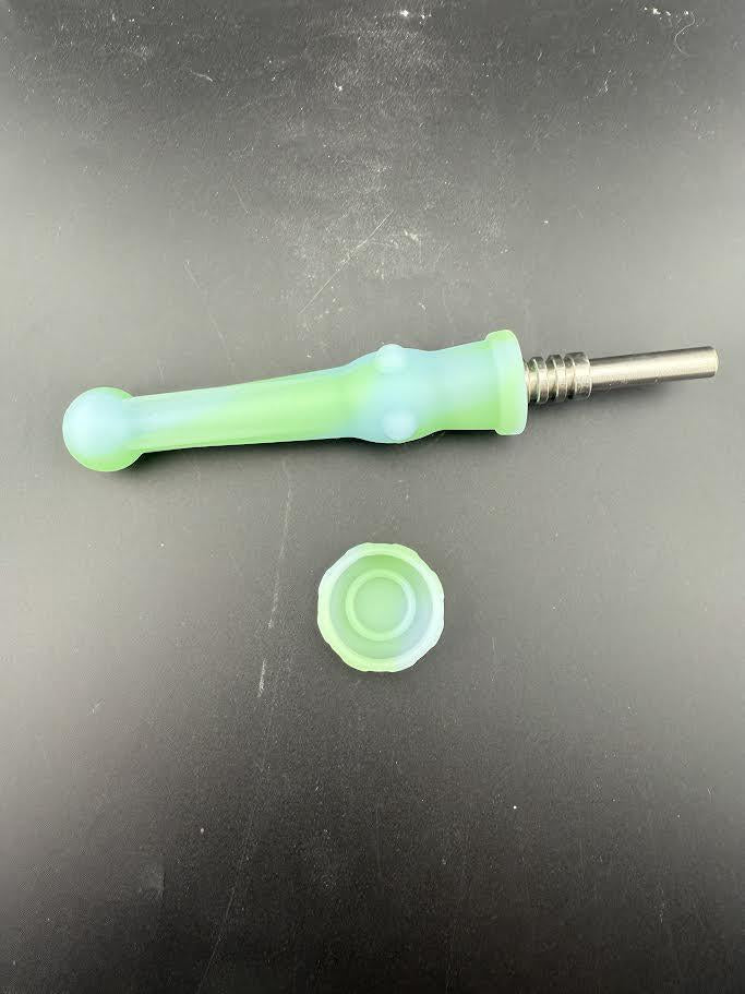 Silicone Nectar Collector shown in green, durable and portable for quick, efficient dabs on the go.