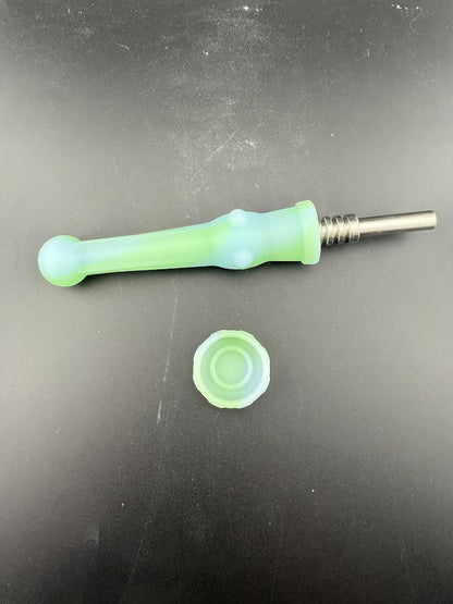 Silicone Nectar Collector shown in green, durable and portable for quick, efficient dabs on the go.