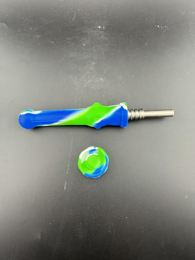 Silicone Nectar Collector with blue and green design, heat-resistant, portable dab tool for efficient use.