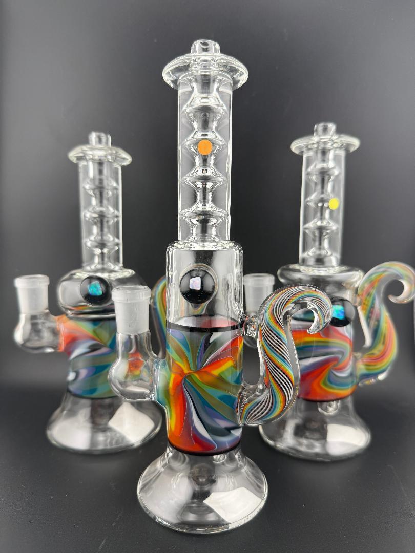 Sir Pyro Glass Clear Rainbow Line Worked Banger Hanger 14mm 90° displayed in vibrant colors.