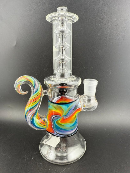Sir Pyro Glass Clear Rainbow Line Worked Banger Hanger 14mm 90° with vibrant rainbow design and clear glass body.