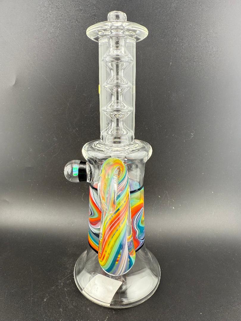 Sir Pyro Glass Clear Rainbow Line Worked Banger Hanger 14mm 90° showcasing vibrant rainbow line work.
