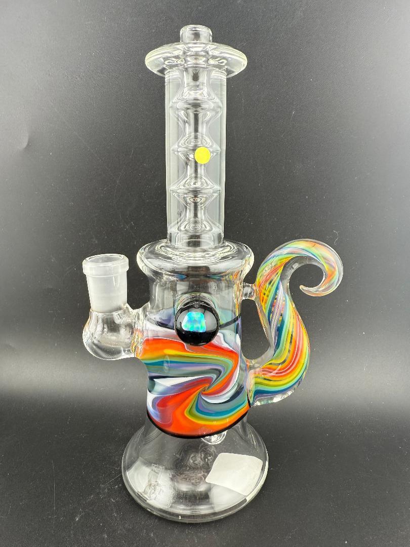 Sir Pyro Glass Clear Rainbow Line Worked Banger Hanger 14mm 90° displayed with vibrant colors and clarity.